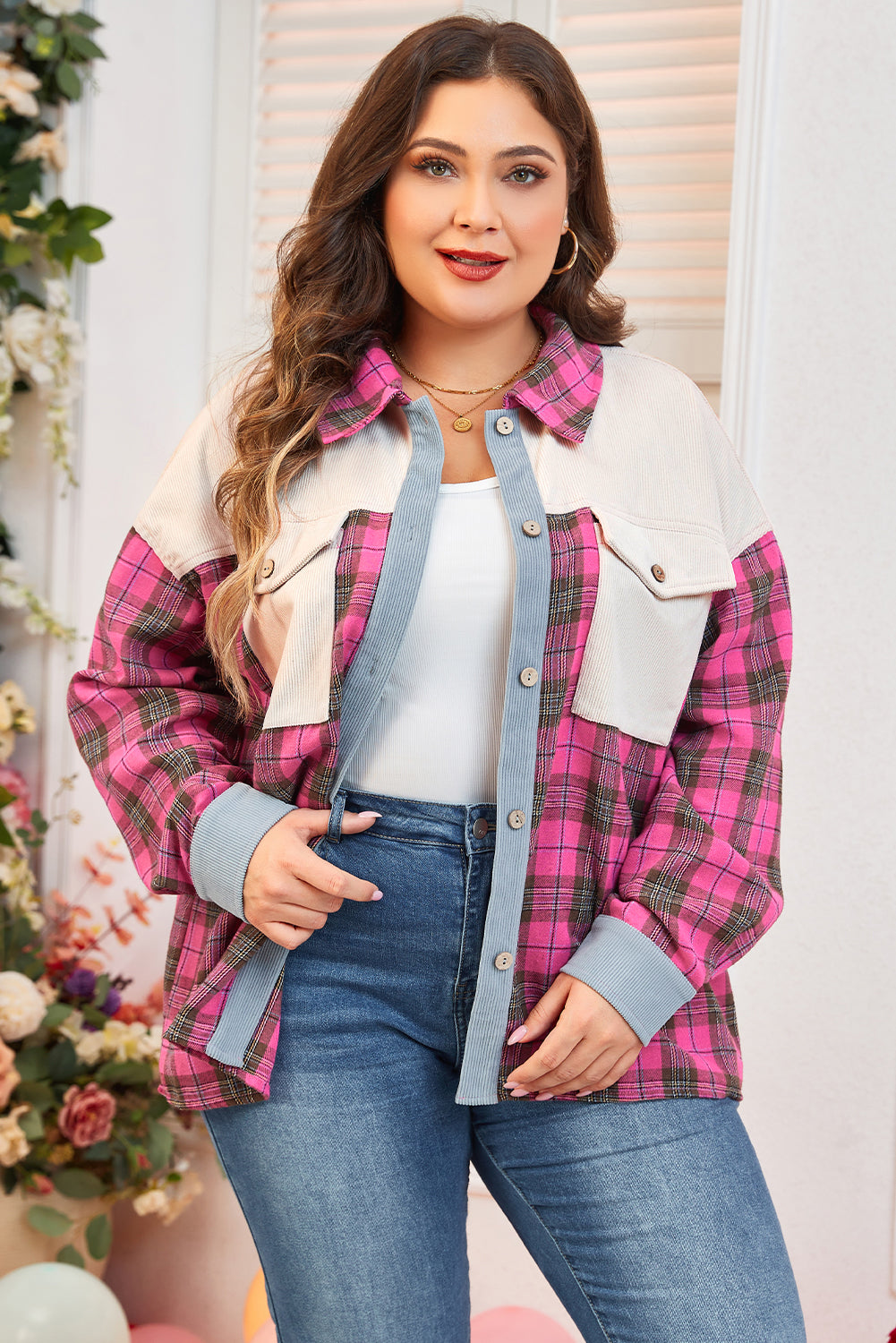 Plaid Print Waffle Knit Patchwork Plus Size Shirt | Red