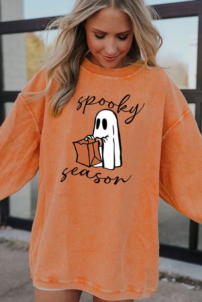 Spooky Season Ghost Print Ribbed Pullover Sweatshirt | Orange