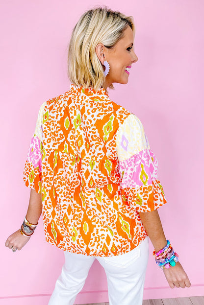 Leopard Colourblock Puff Sleeve Split Neck Blouse | Orange