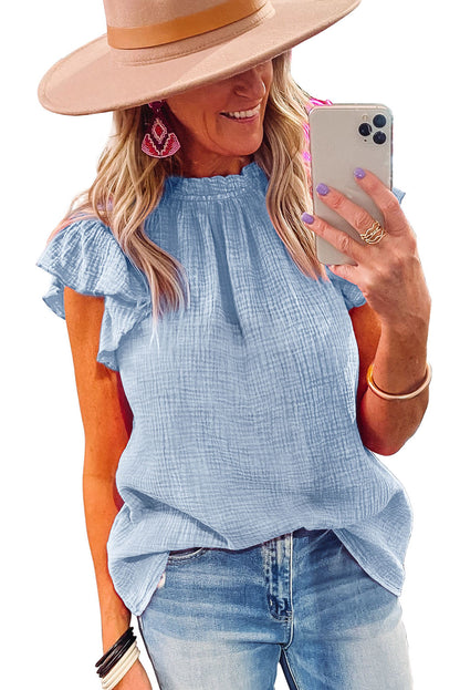 Flutter Sleeve Frilled Neck Textured Blouse | Sky Blue