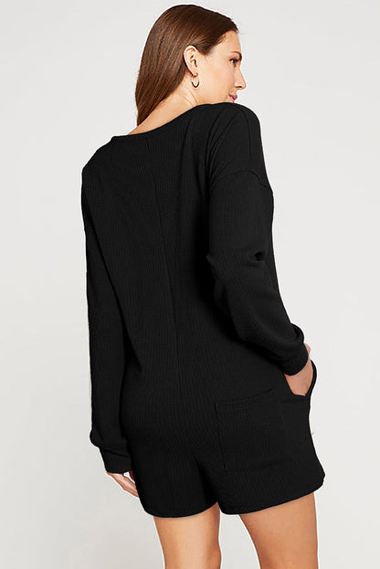 Brushed Ribbed Button Split V Neck Long Sleeve Romper | Black