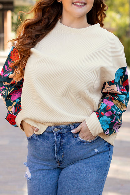 Floral Patchwork Sleeve Textured Plus Size Pullover Top | White