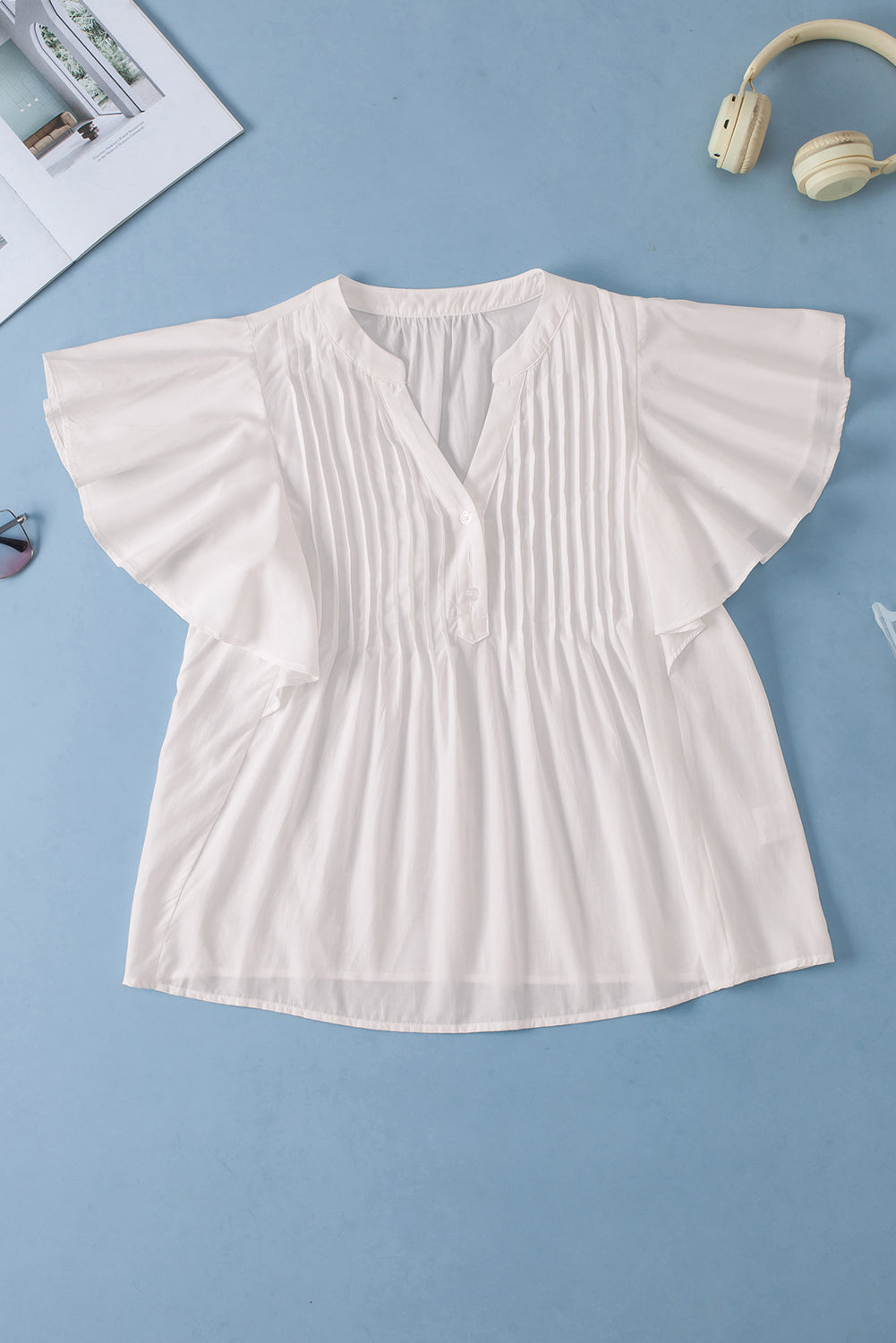 V Neck Pleated Front Ruffled Sleeve Shirt | White