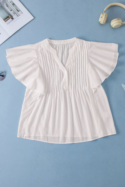 V Neck Pleated Front Ruffled Sleeve Shirt | White