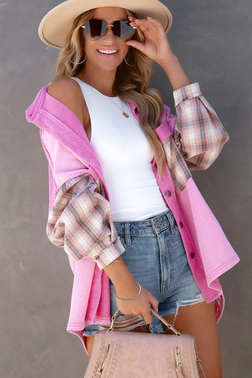 Plaid Patchwork Chest Pockets Oversized Shirt Jacket | Rose