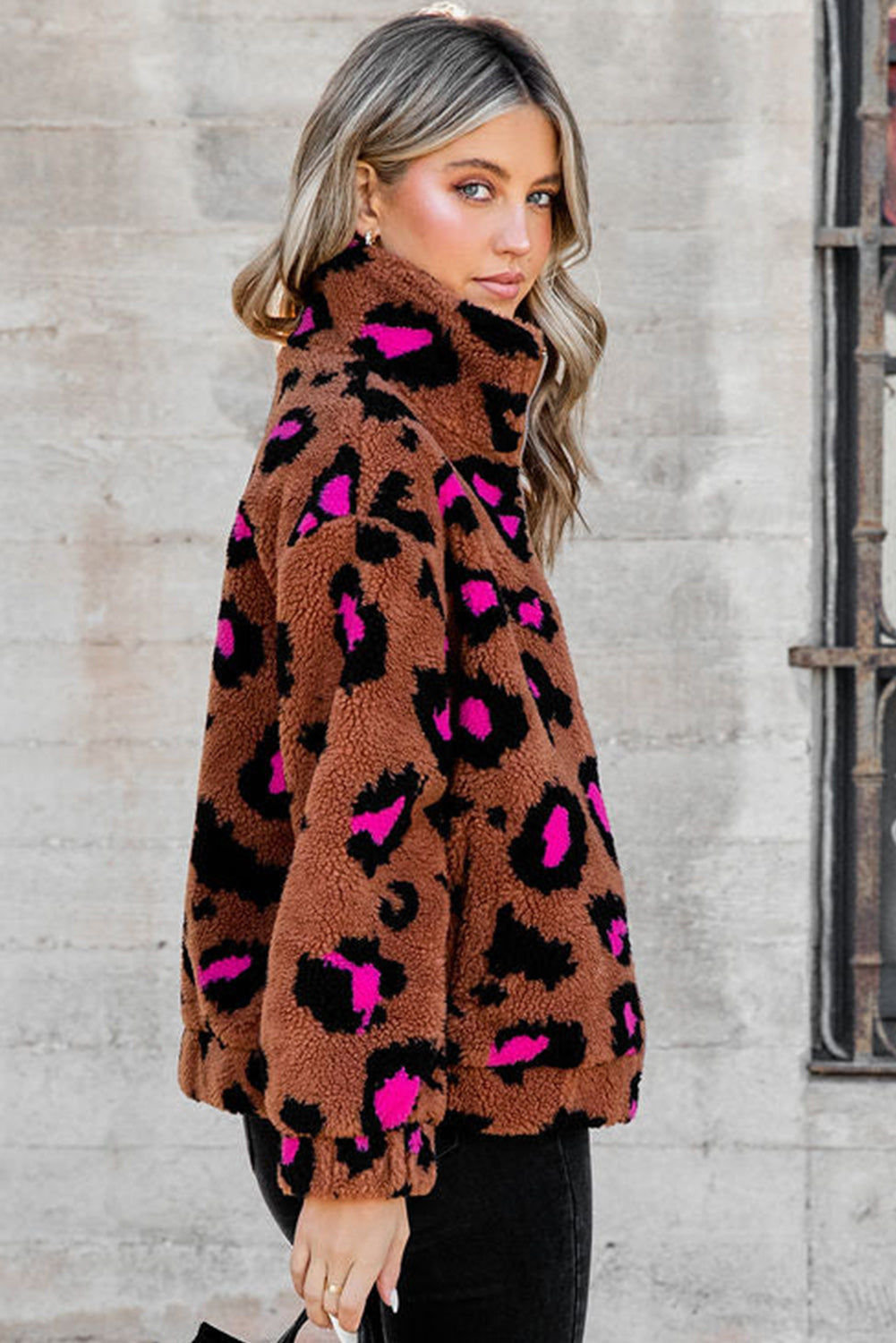 Zip Up Stand Collar Sherpa Teddy Jacket | Leopard