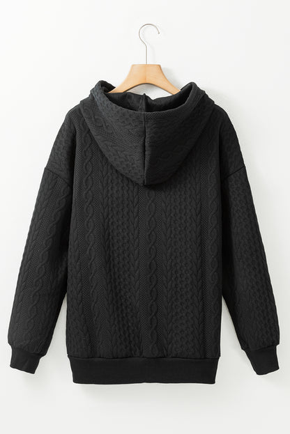 Cable Textured Casual Drawstring Hoodie | Black