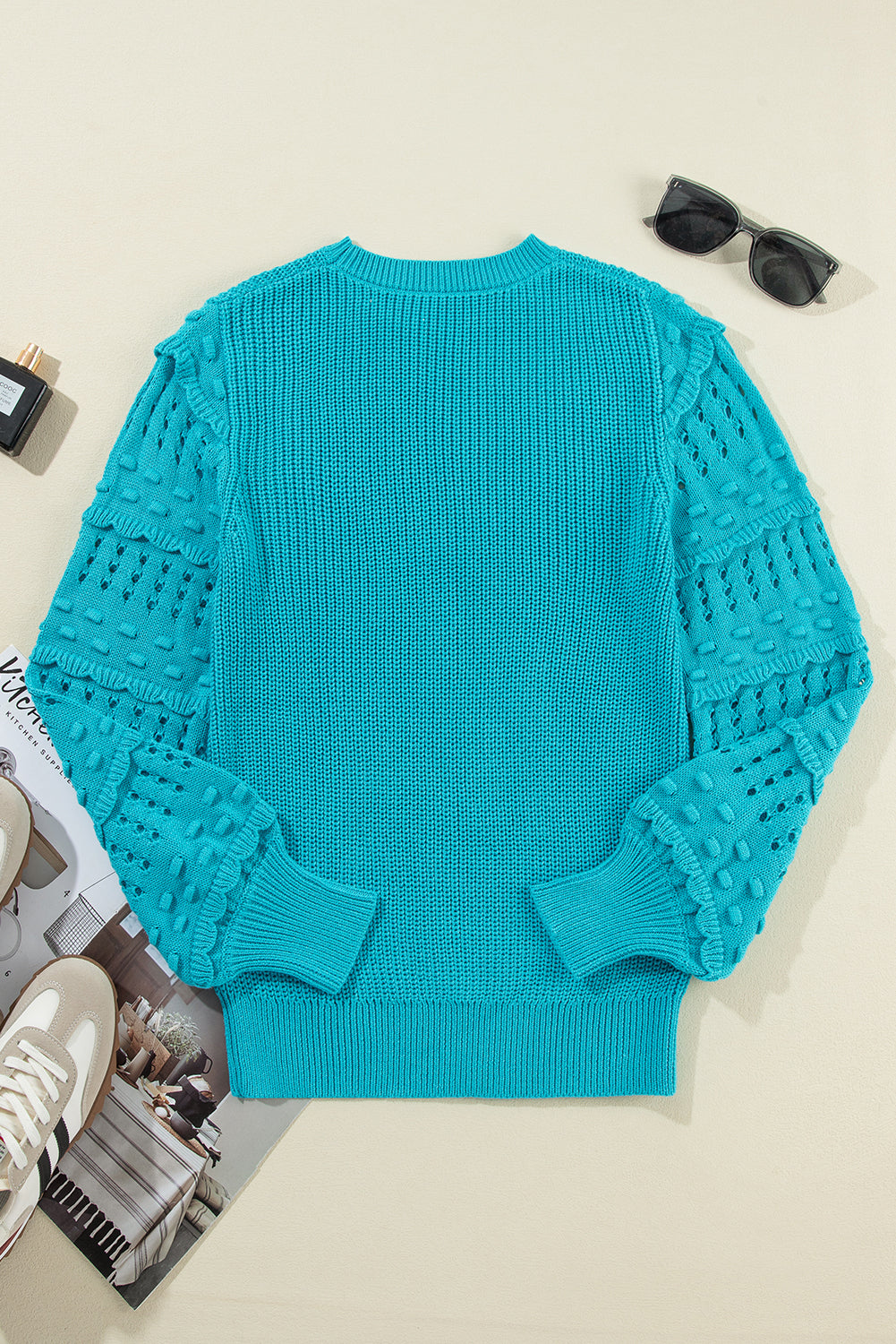 Ruffled Eyelet Bubble Sleeve Sweater | Turquoise