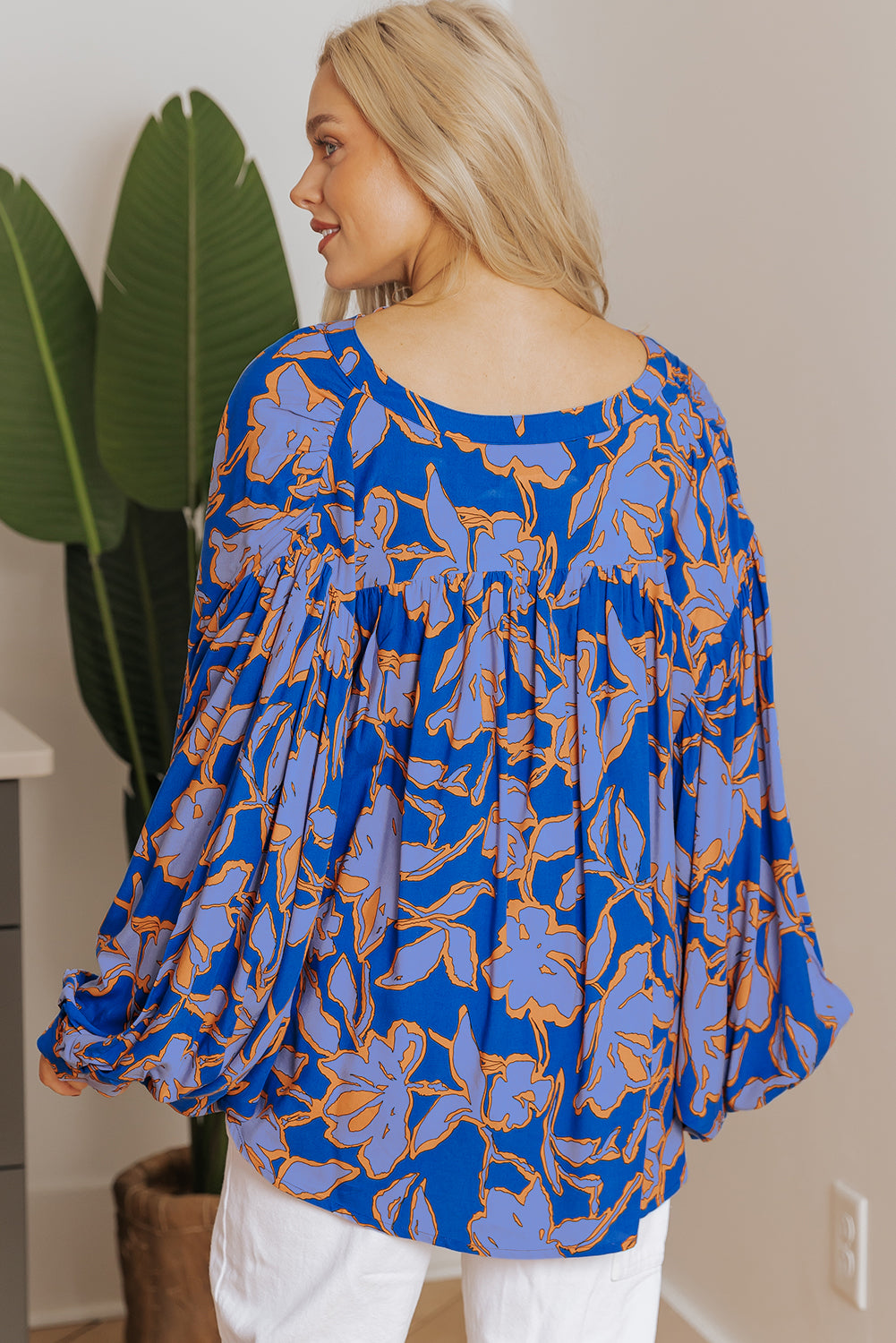 Floral Print Batwing Sleeve Buttoned Loose Fit Shirt | Blue