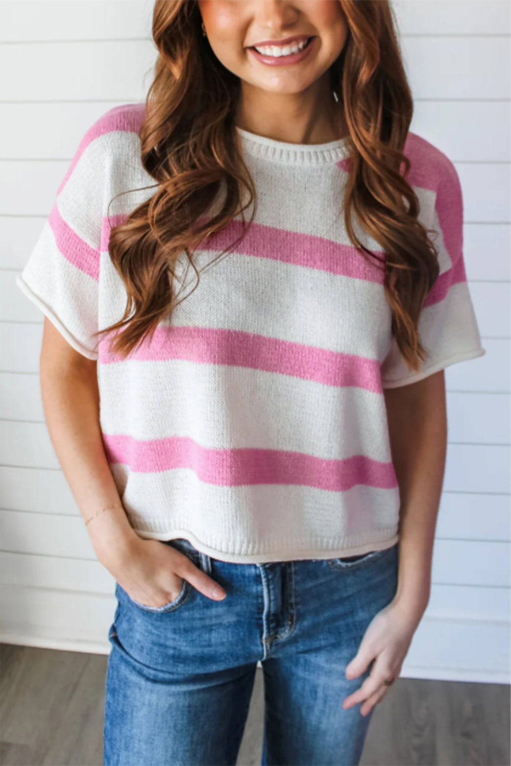 Dropped Short Sleeve Lightweight Knitted Top | Pink Stripe