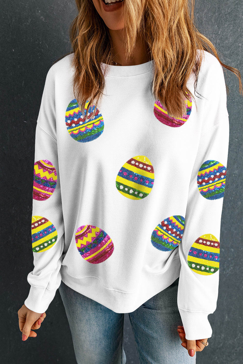 Eater Egg Sequin Patched Crew Neck Sweatshirt | Beige