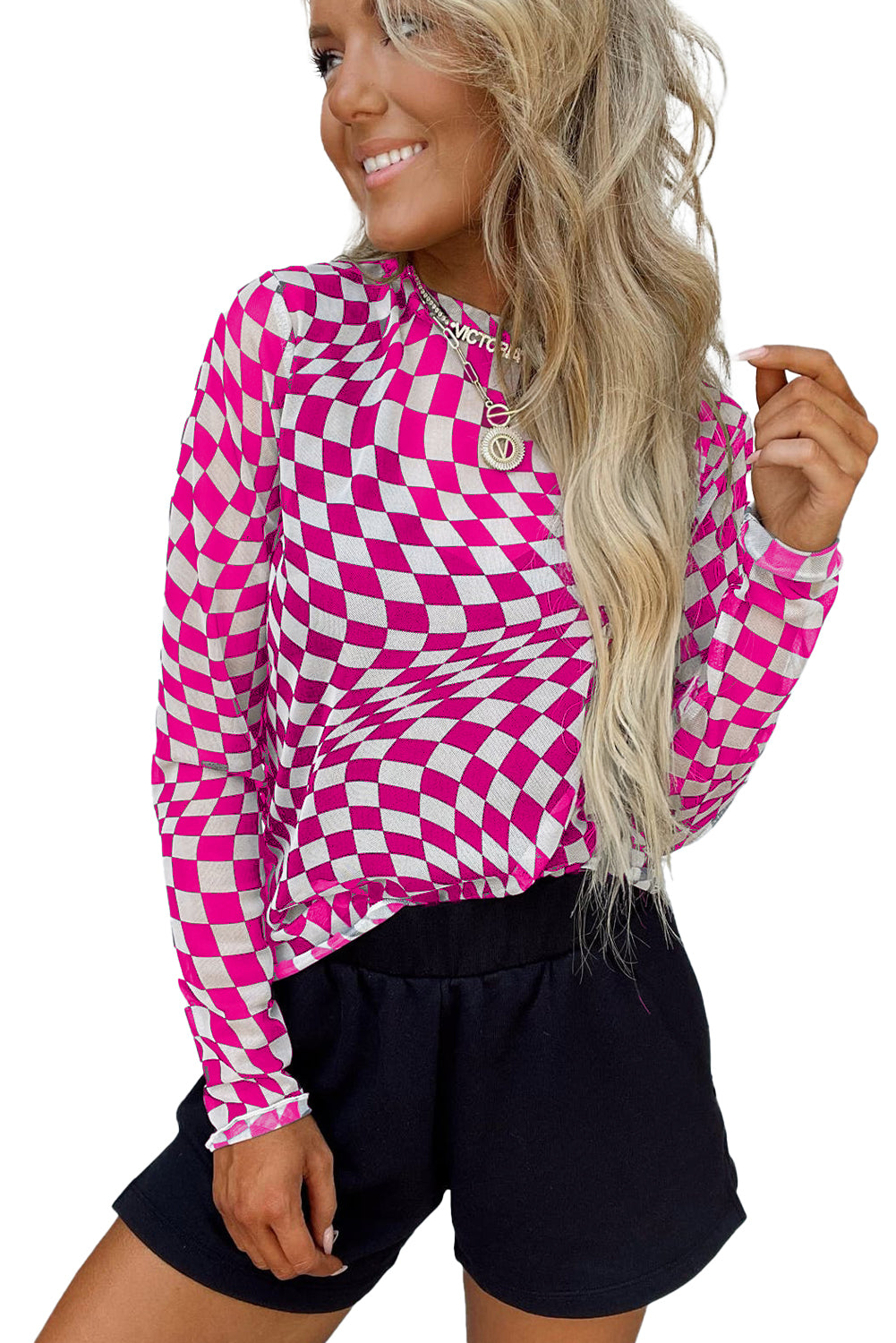 Checkered Pattern Mesh Mock Neck Long Sleeve Top | Rose