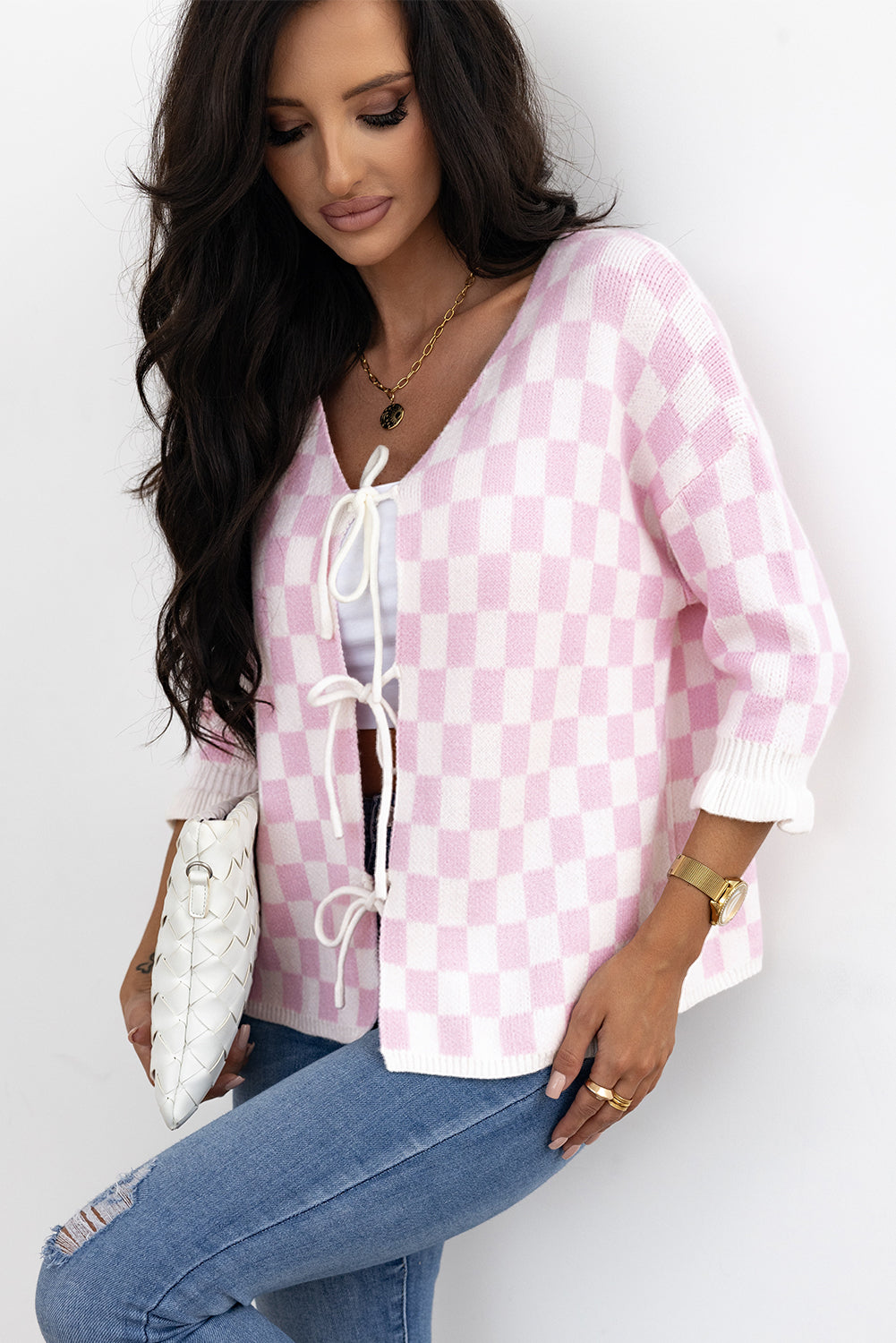 Checkered Knitted Lace-Up Ruffled 3/4 Sleeve Cardigan | Light Pink