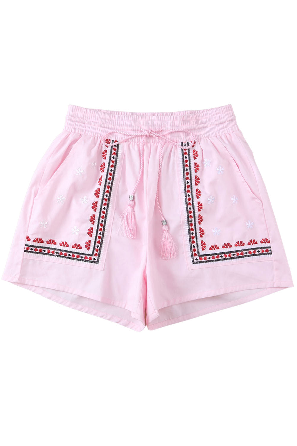 Boho Embroidered Floral Tasseled Drawstring Waist Casual Shorts | Pink