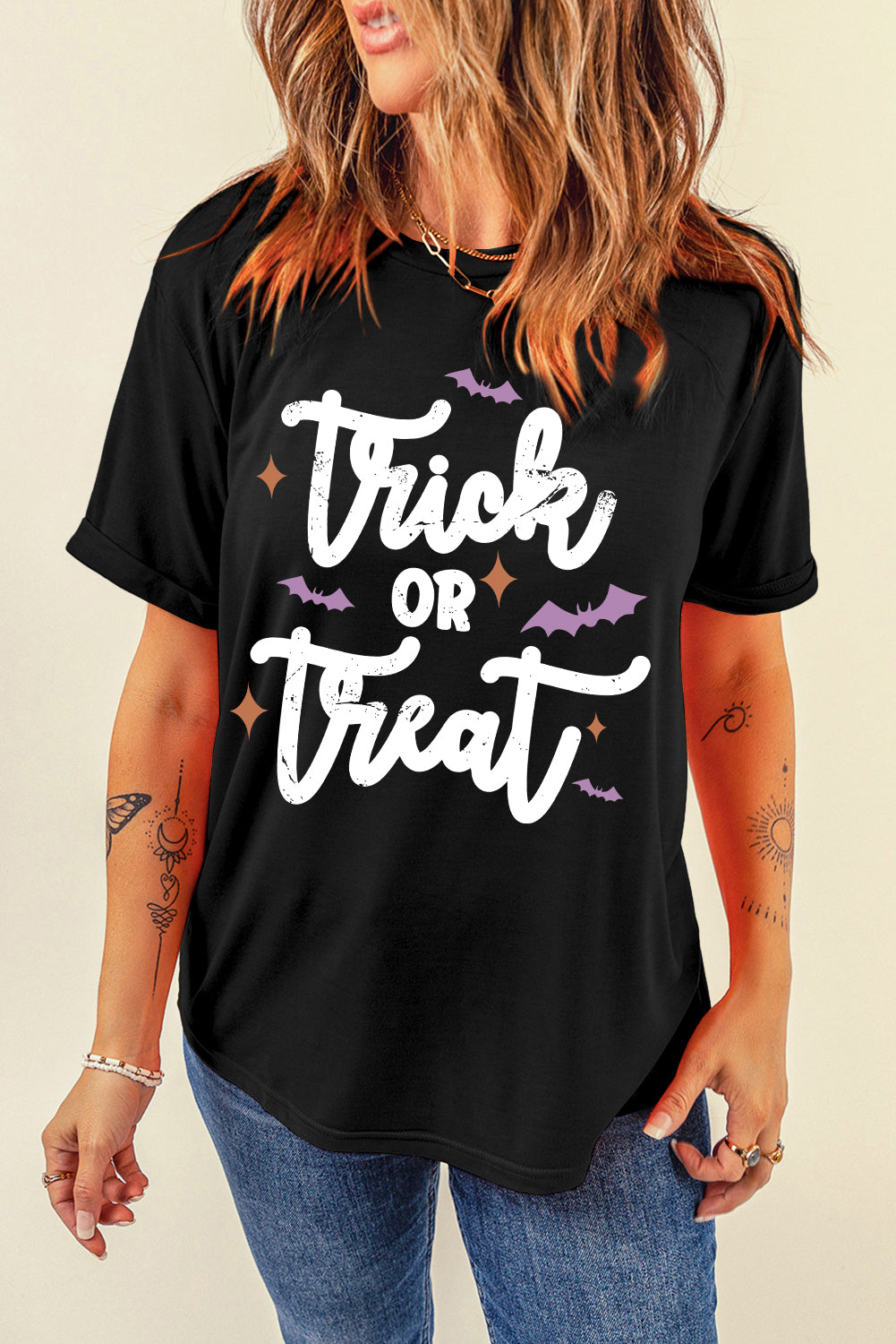 Trick Or Treat Bat Print Crew Neck Halloween T Shirt | Black