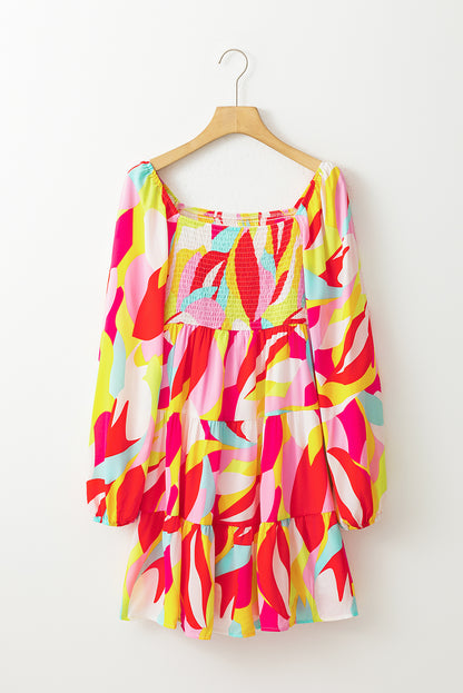 Abstract Print Puff Sleeve Smocked Square Neck Dress | Multicolour