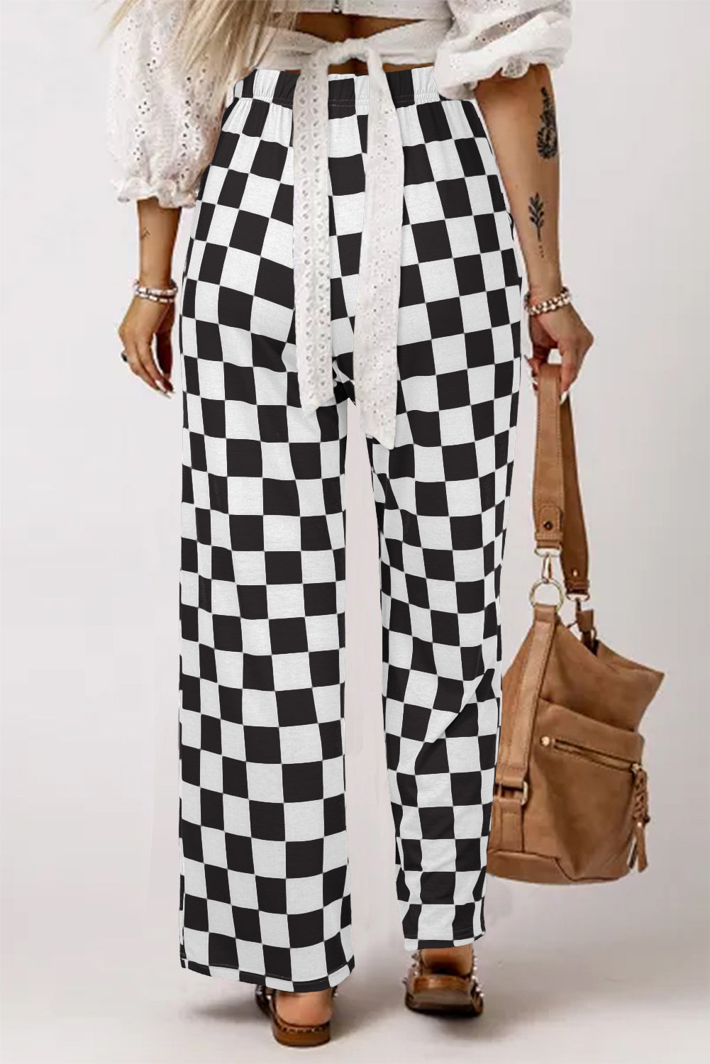 2-Tone Checked Print High Waist Wide Leg Pants | Black