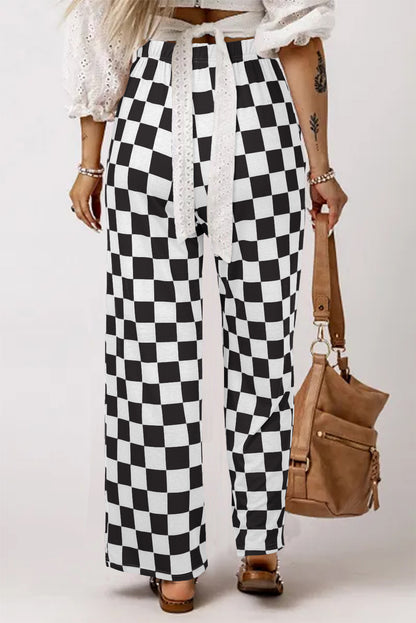 2-Tone Checked Print High Waist Wide Leg Pants | Black