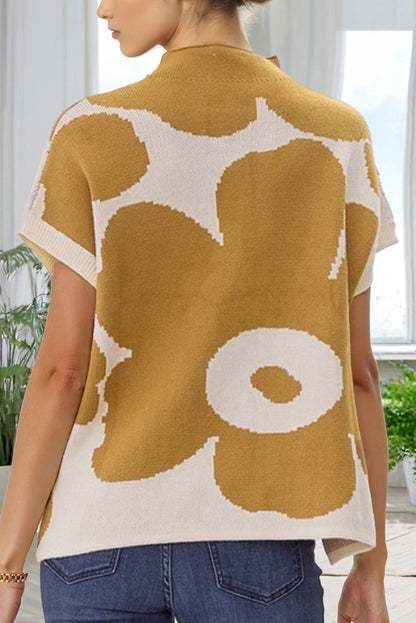 Big Flower Pattern Stand Neck Short Sleeve Sweater | Camel