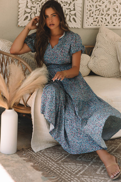 Printed V Neck Shirred Short Puff Sleeve Maxi Dress | Blue