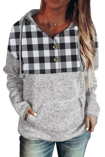 Plaid Splicing Pocketed Hoodie | Black