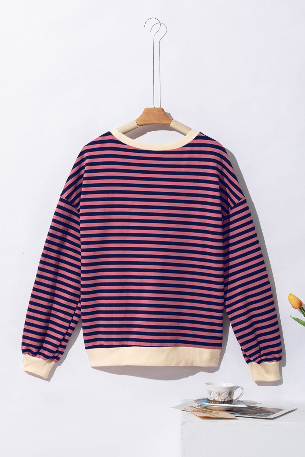 Oversized Contrast Trim Pullover Sweatshirt | Red Stripe