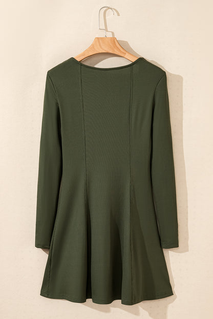 Rib Knit Square Neck Buttoned Long Sleeve Mini Dress | Guacamole Green