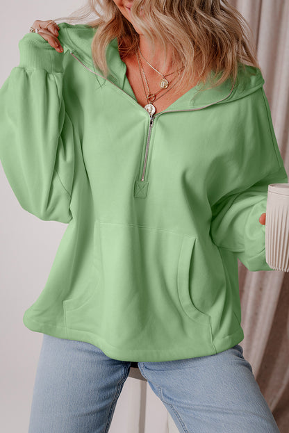 Fleece Lined Half Zipper Kangaroo Pockets Loose Hoodie | Smoke Green