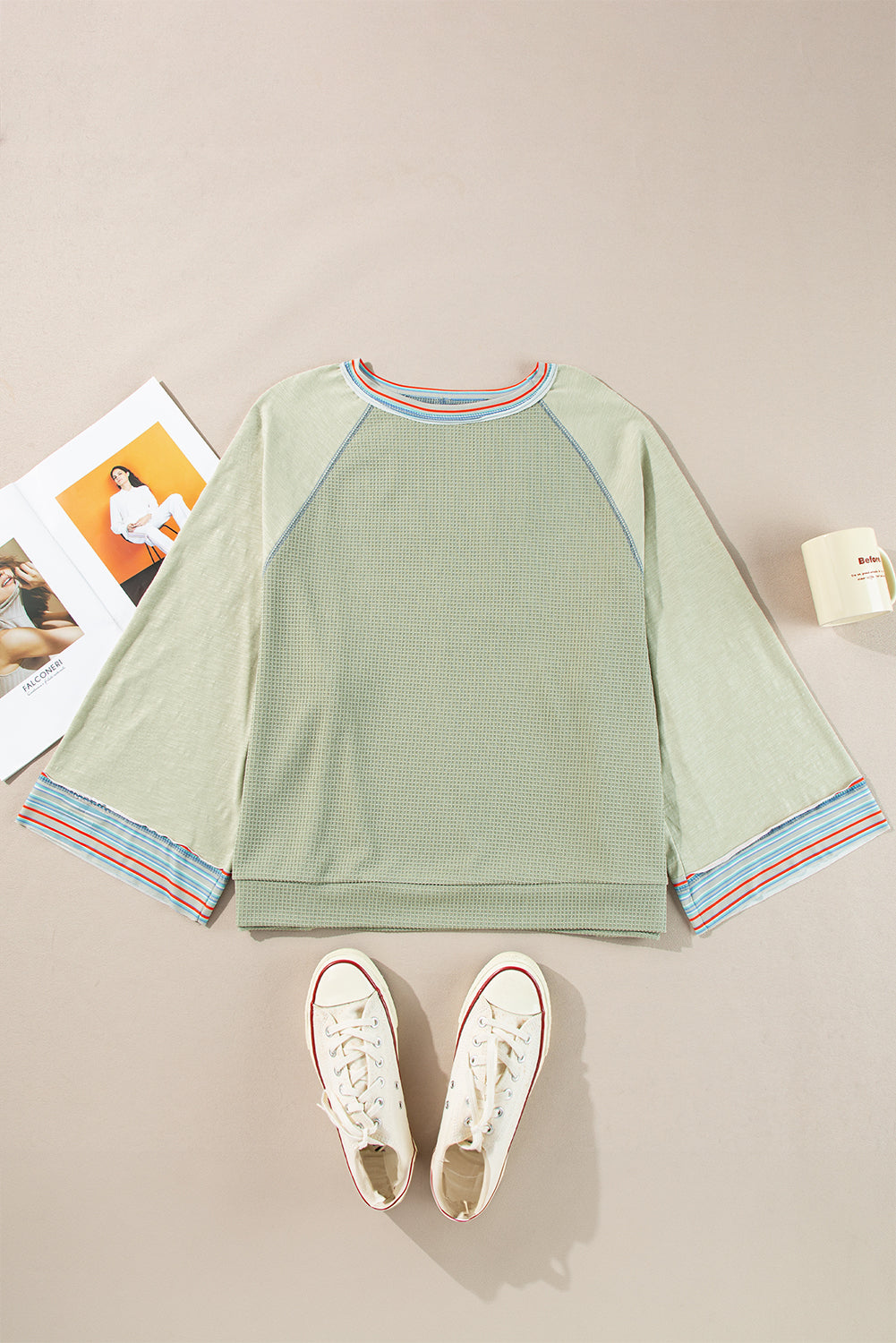 Waffle Knit Wide Bracelet Sleeve Patchwork Raglan Top | Meadow Mist Green