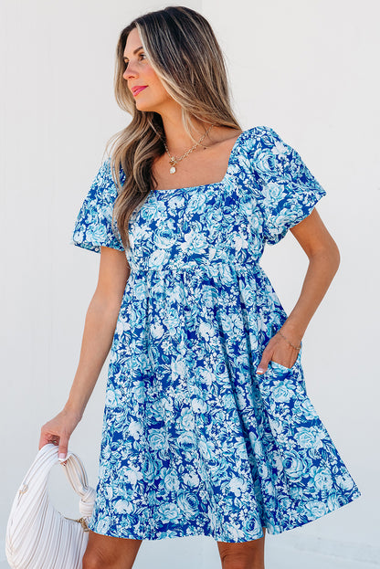 Floral Puff Sleeve Babydoll Mini Dress | Blue