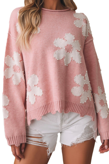 Pearl Beaded Floral Drop Shoulder Sweater | Multicolour