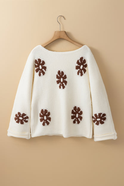 Colourblock Floral Pattern Round Neck Sweater | White