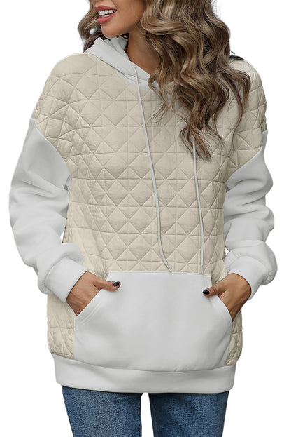 Drop Shoulder Quilted Patchwork Kangaroo Pocket Hoodie | Beige