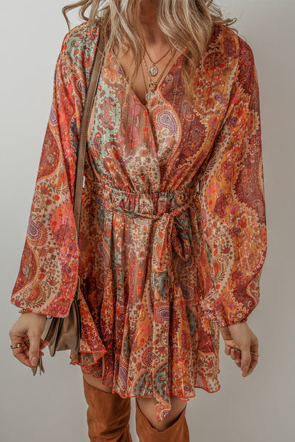 Boho Paisley Print Long Sleeve Pleated Belted Mini Dress | Orange