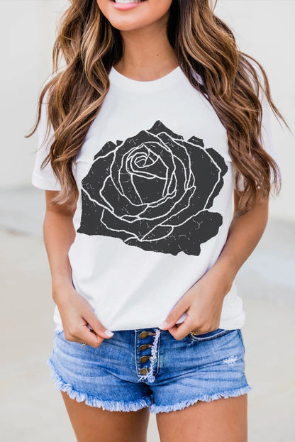 Large Rose Print Round Neck T Shirt | White