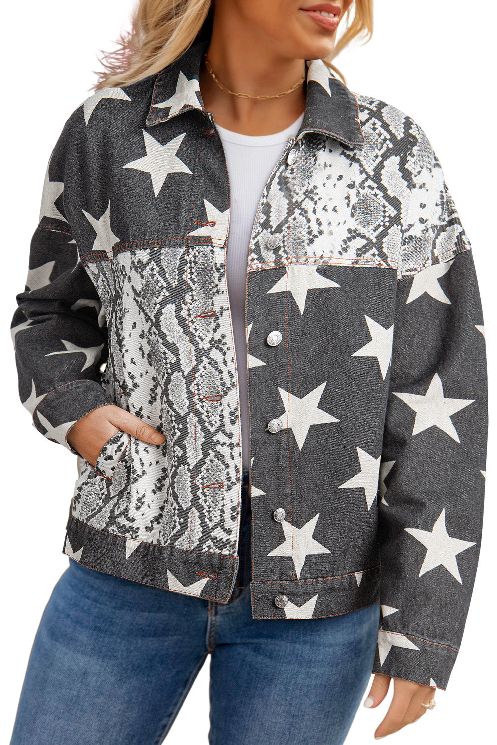 Star Snakeskin Printed Patchwork Denim Jacket | Black