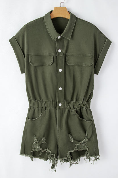 Distressed Frayed Denim Romper | Moss Green