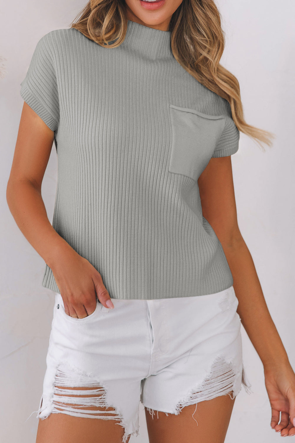 Patch Pocket Ribbed Knit Short Sleeve Sweater | Gray