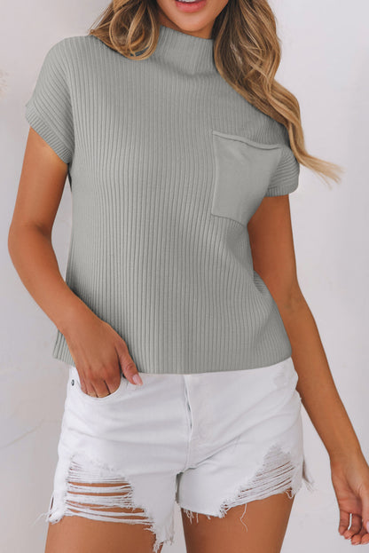 Patch Pocket Ribbed Knit Short Sleeve Sweater | Gray