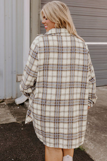 White Plaid Print Tunic Plus Size Shacket With Slits | White Stripe