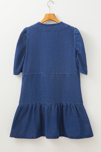 Drawstring High Waist Puff Sleeve Denim Mini Dress | Blue