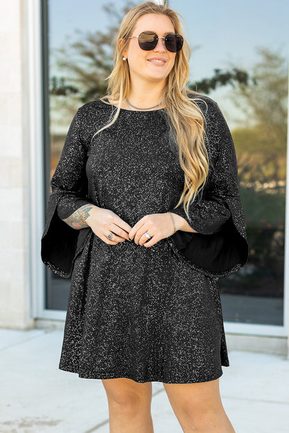 Plus Size Glitter Metallic Bell Sleeve Round Neck Mini Dress | Black