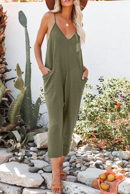 Textured Sleeveless V-Neck Pocketed Casual Jumpsuit | Green