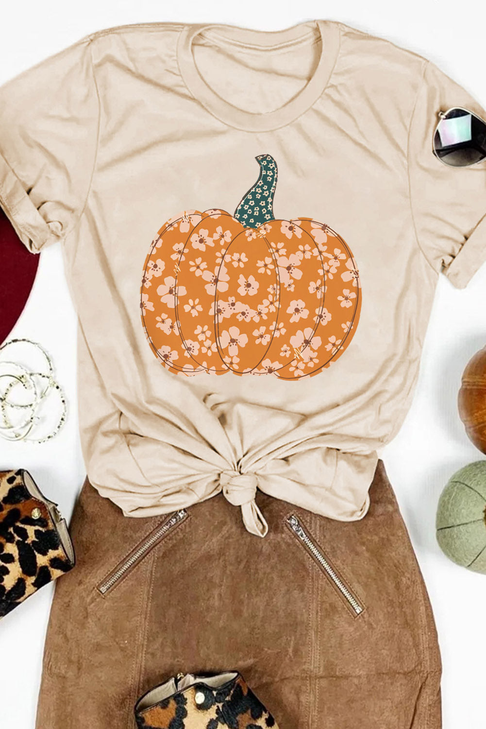 Sweet Floral Pumpkin Graphic Tee | Khaki