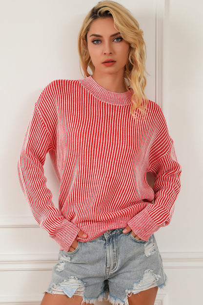 Striped Print Ribbed Trim Round Neck Sweater | Red