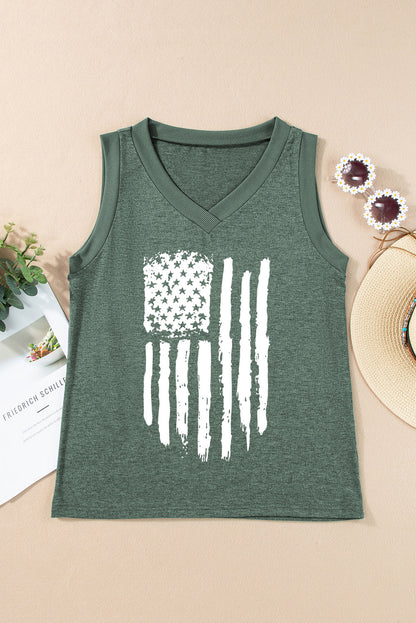 Frayed American Flag Printed V Neck Tank Top | Mist Green