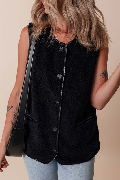 Leather Contrast Side Pockets Buttoned Fleece Vest | Black