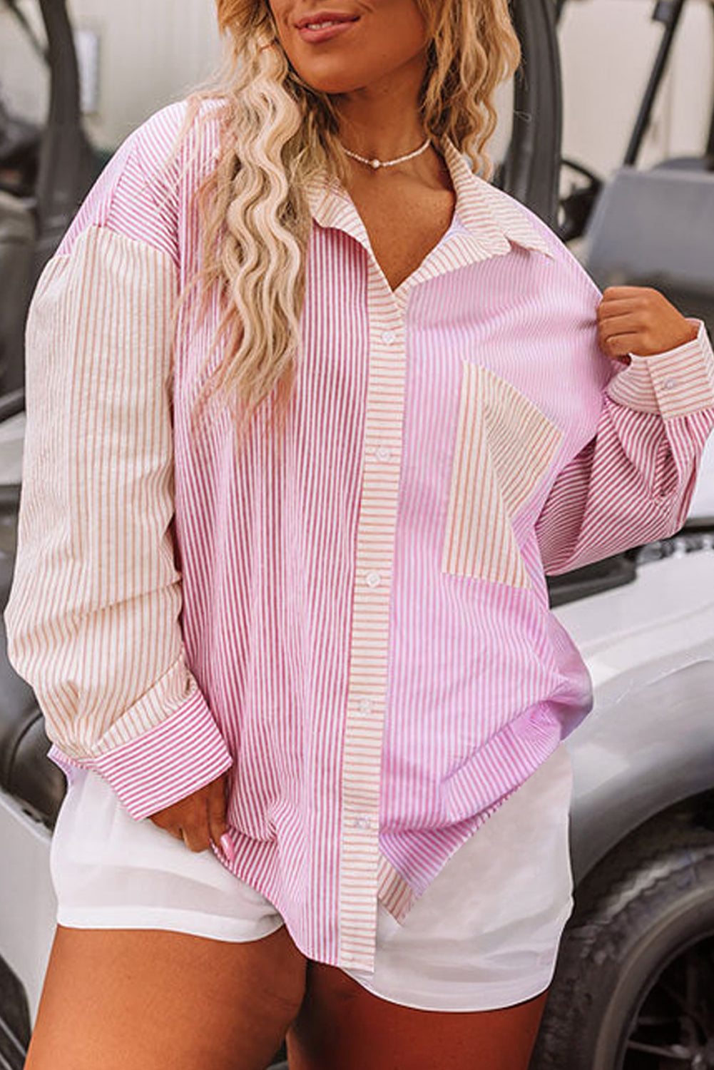 Print Colourblock Plus Size Shirt | Pink Stripe