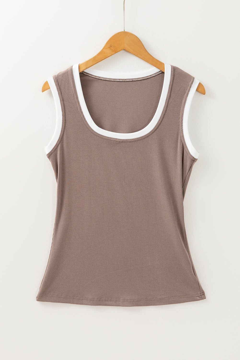 Ribbed Knit Colourblock Edge U Neck Slim Fit Tank Top | Smoke Gray