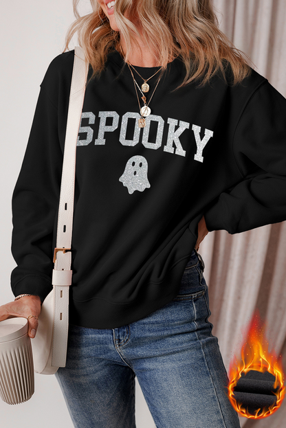 Glitter Spooky Ghost Pattern Crew Neck Halloween Sweatshirt | Black